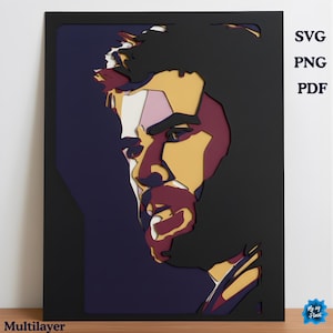 May include: A layered portrait of a person in profile, featuring a color palette of black, purple, yellow, and burgundy. The artwork is framed in black and includes the text "SVG PNG PDF" on the right side. The word "Multilayer" is at the bottom left.