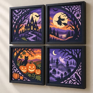 May include: A set of four square framed wall art pieces featuring layered paper cutouts of Halloween scenes. The designs include a haunted mansion, a witch on a broomstick, a black cat with pumpkins, and a ghost in a graveyard, all in purple and orange.