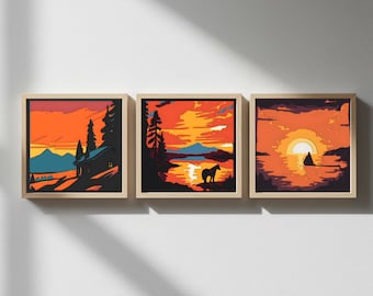 May include: Three framed shadowbox art pieces depicting sunset scenes. The artwork features vibrant orange, yellow, and blue hues. One piece shows a house and trees, another a horse by a lake, and the last a sunset over water. The text "SVG PNG PDF" is at the top.