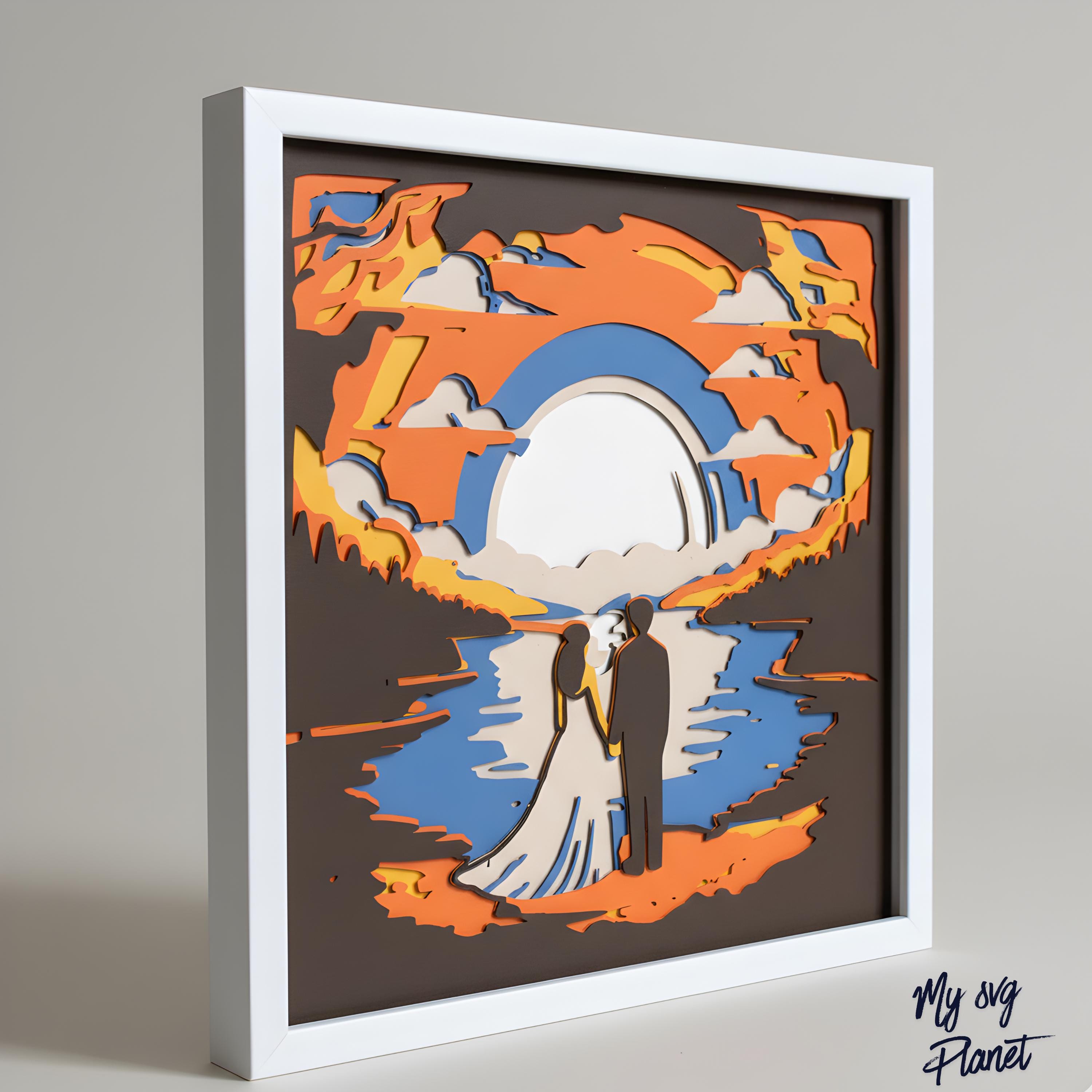 Wedding Couple Sunset 3D Shadow Box SVG, Romantic Layered Paper Cut ...