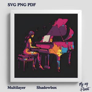 Piano Girl Shadow Box SVG musique 3D Light Box ، Artiste en couches SVG pour Cricut et Silhouette