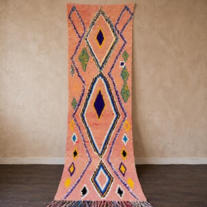 Vintage Boujaad Runner Rug 320x78 cm, Lilac Blue Moroccan Wool Runner, Handmade Berber Hallway Rug, Tribal Carpet