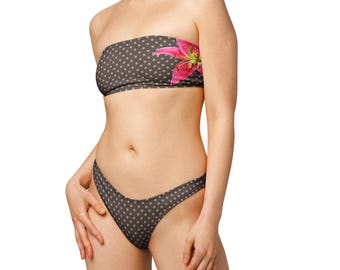 Polka Dot Bandeau Bikini Set with Lily Print Accent