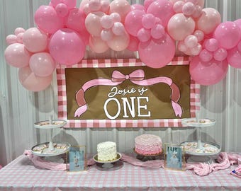 Pink Gingham Party Decor 12ft Foil Pink Gingham 1st Birthday Banner ...