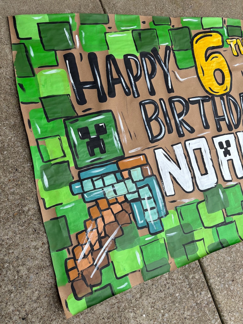 MINECRAFT Birthday Hand Painted Banner - Etsy