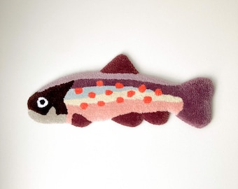 Large Pastel Fish Tufted Wall Art: Nautical Nursery decor, Trout textile tapestry