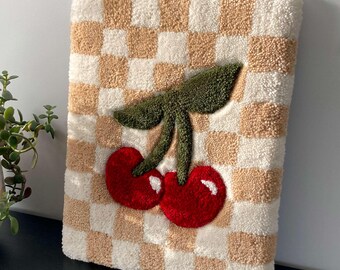 Fruit textile tapestry, cherries tufted wall hanging, kitchen wall decor