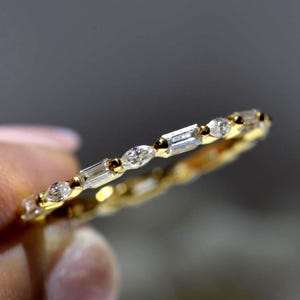 Marquise Baguette Moissanite Eternity Band: 14K Gold Stackable Wedding Ring