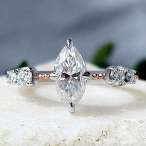 Marquise Cut 1ct Lab Grown Diamond Engagement Ring with Miligrain in Gold and Silver