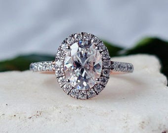 2ct Oval Lab Grown Diamond Halo Engagement Ring: 14k Gold or Sterling Silver