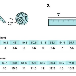 May include: Diagram showing ring sizing with a finger, yarn ball, ruler, and a chart. The chart displays ring sizes and measurements in millimetres, ranging from size 3 to 14.5.