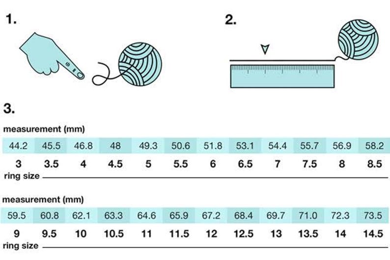 May include: Diagram showing ring sizing with a finger, yarn ball, ruler, and a chart. The chart displays ring sizes and measurements in millimetres, ranging from size 3 to 14.5.