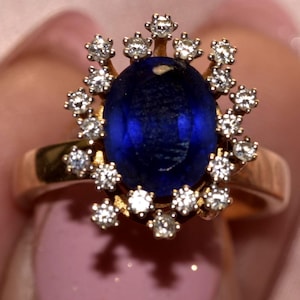 Blue Sapphire Engagement Ring 4 Ct Oval Solitaire & Princess Diana-Inspired Moissanite Cluster
