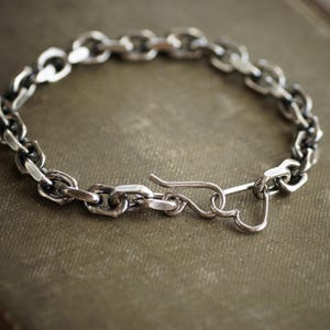 Heavy Sterling Chain Bracelet with Heart Closure - One of a Kind - Antique Finish