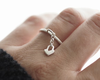 Heart Charm Dangle Ring - Sterling Silver