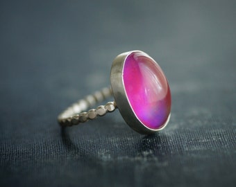 Aurora Opal Ring - Fuchsia Pink Oval Opal Gemstone - Sterling Silver - Size 7