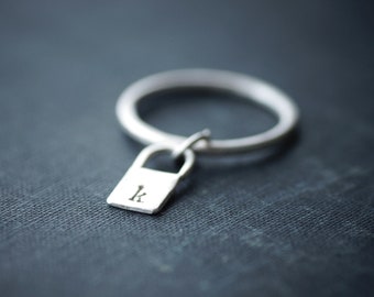 Lock Initial Dangle Ring - Sterling Silver