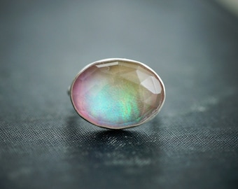 Aurora Opal Ring - Large Gemstone Ring - Size 6.75 - Sterling Silver