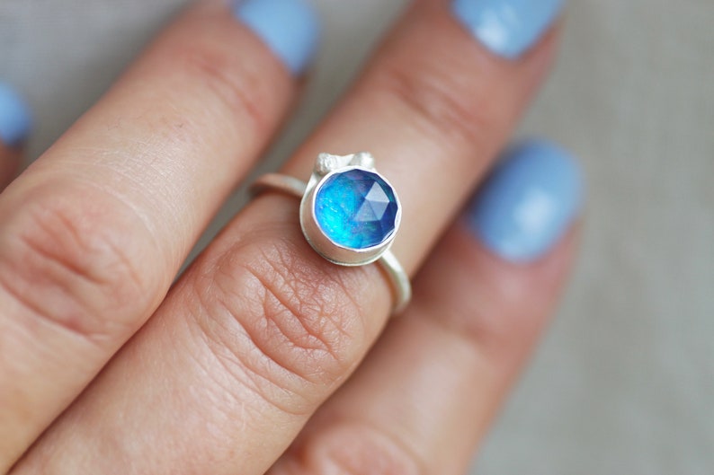 Blue Aurora Opal Ring Size 5.5 Faceted Sterling Silver image 3