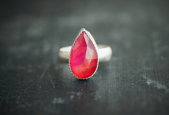 Teardrop Aurora Opal Ring - Sterling Silver - Size 6.25