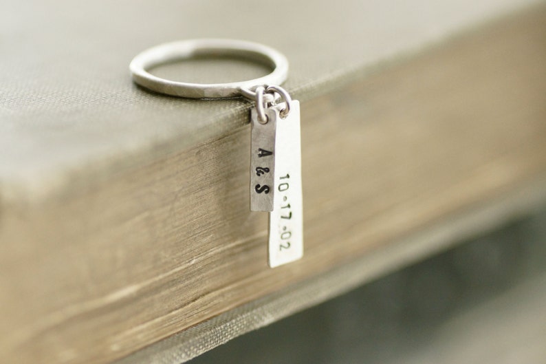 Dangling Charm Ring Sterling Silver Personalized Stamped Tags image 1