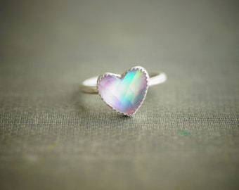 Aurora Opal Heart Ring - Sterling Silver - Size 7