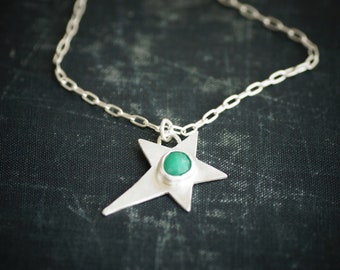 Green Chrysoprase on Star Necklace - Sterling Silver Chain Necklace