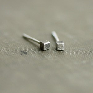 May include: A pair of silver cube stud earrings. The earrings are small and minimalist.