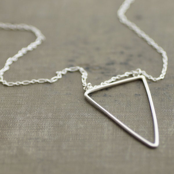 Long Sterling Silver Chain Necklace with Triangle Pendant - Black Tourmaline Accent