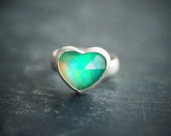 Green Aurora Opal Heart Ring - Sterling Silver - Size 7.5