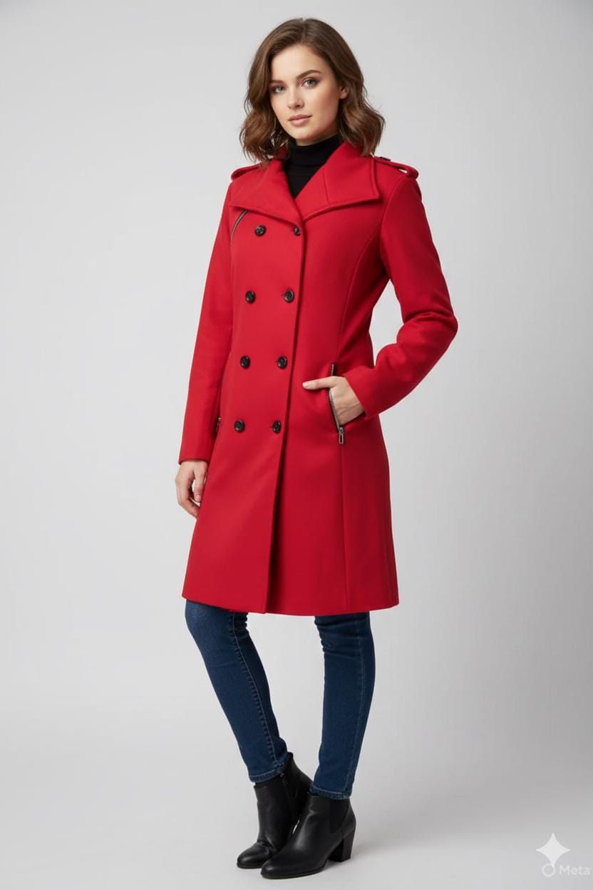 レッドウール ダブルブレスト ピーコート：女性用クラシック冬コート