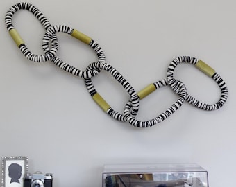 Large Fiber Art Chain Black and White with Lime Clasps Sculpture