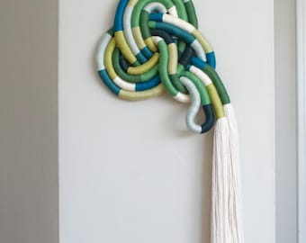 Blue and Green Sculptural Fiber Art Wall Hanging Knot with Tassels