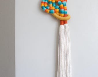 Bowline Knot Fiber Art Wall Hanging in Orange, Yellow, & Blue