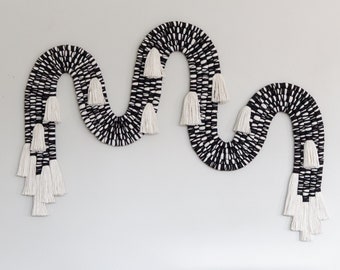 Large Black and White Fiber Art Squiggle Wall Hanging