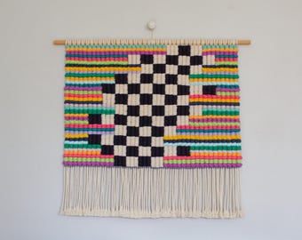 Macrame Tapestry Wall Hanging Checkerboard and Colorful Stripes