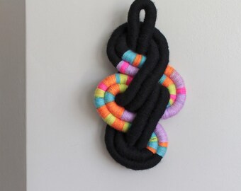 Sculptural Fiber Art Wall Hanging Knot Black and Bright