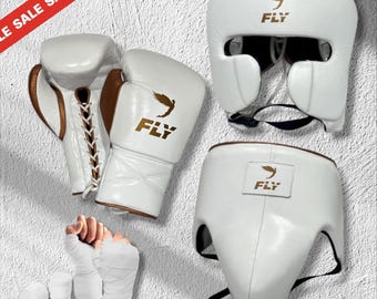 Professional White Leather Boxing Set  Custom Sparring Gloves and Matching Head Guard - Personalized Pro Training Gear & Boxing Gift for Him