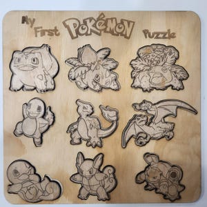 Rompecabezas de la evolución de Pokémon / Rompecabezas de inicio de Kanto de madera cortado con láser / Regalo de Bulbasaur, Charmander y Squirtle / Decoración de pared para nerds / Hecho a mano