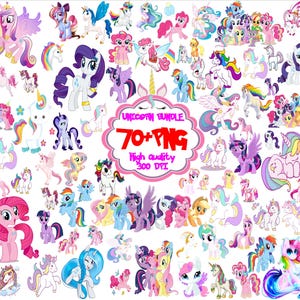 Puede incluir: Una colección de ilustraciones de unicornios de dibujos animados coloridos en varias poses y estilos. La imagen incluye el texto "Unicorn Bundle 70+ PNG High quality 300 DPI". Los unicornios tienen crines, alas y cuernos de arcoíris.