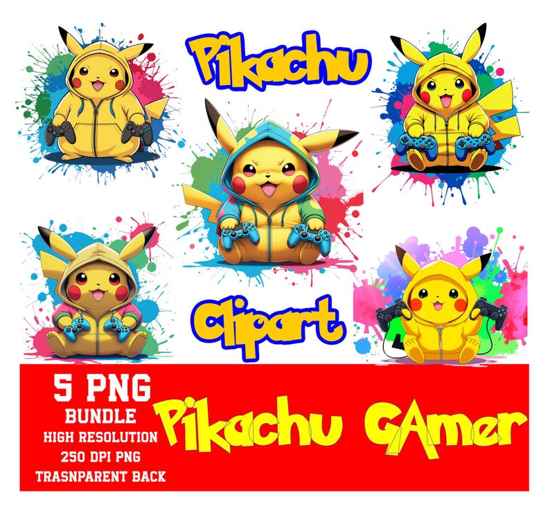 Bundle OF 5 Pikachu Gamer Clipart, Pokémon Character PNG Collection ...