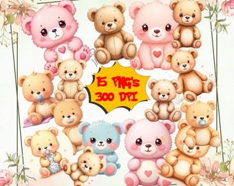15 Teddy Bear Clipart PNG, Teddy Bear Png, For Commercial Use, Transparent PNGs, Baby Shower, Digital Download, Nursery Wall Art