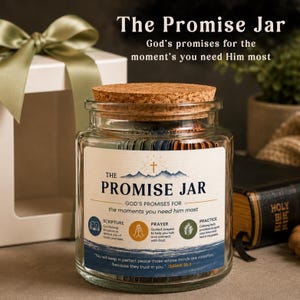 Könnte beinhalten: Ein klares Glasgefäß mit Korkdeckel, gefüllt mit Papierstreifen. Das Etikett trägt die Aufschrift The Promise Jar, God's promises for the moments you need Him most, mit Symbolen für Scripture, Prayer, Practice und dem Bibelvers Isaiah 26:3.