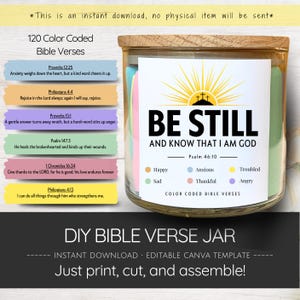 Op de afbeelding: Een printbaar doe-het-zelf-bijbelvers-potten-knutselproject. De pot is versierd met een gele zon en de woorden "Wees stil en weet dat ik God ben." De pot is omringd door kleurrijke stroken papier met bijbelteksten en kleurgecodeerde emoties: blij, verdrietig, angstig, dankbaar, bezorgd en boos.