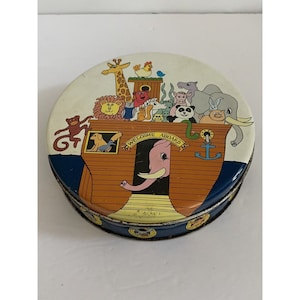 Vintage Valley Brook Farms Noahs Ark Animals Round Collectible Tin Collector Tin