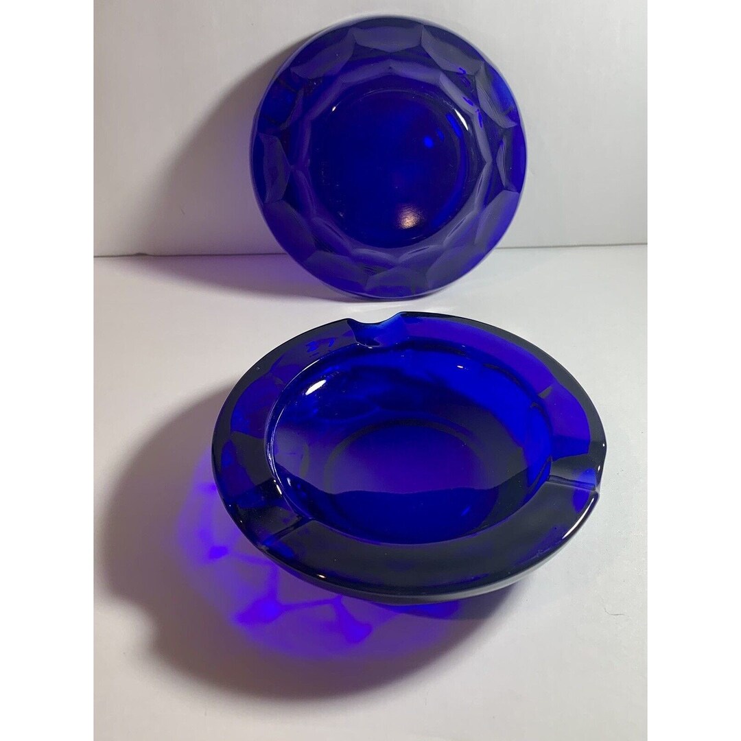 Vintage Cobalt Blue Glass Ashtrays Set of 2 Mid Century Modern Etsy