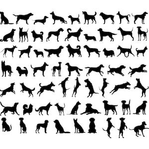 May include: A collection of black dog silhouettes in various poses, including sitting, standing, and running. The dogs are depicted in a simple, graphic style, suitable for design projects or pet-themed crafts.