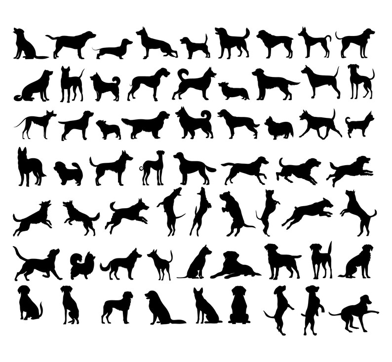 May include: A collection of black dog silhouettes in various poses, including sitting, standing, and running. The dogs are depicted in a simple, graphic style, suitable for design projects or pet-themed crafts.