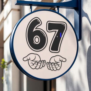 Pu&ograve; includere: Un'insegna rotonda appesa con il numero "67" in nero, bordato di bianco, su sfondo crema. Sotto i numeri ci sono due mani stilizzate. L'insegna &egrave; incorniciata da un bordo blu scuro e montata su una staffa blu scuro.