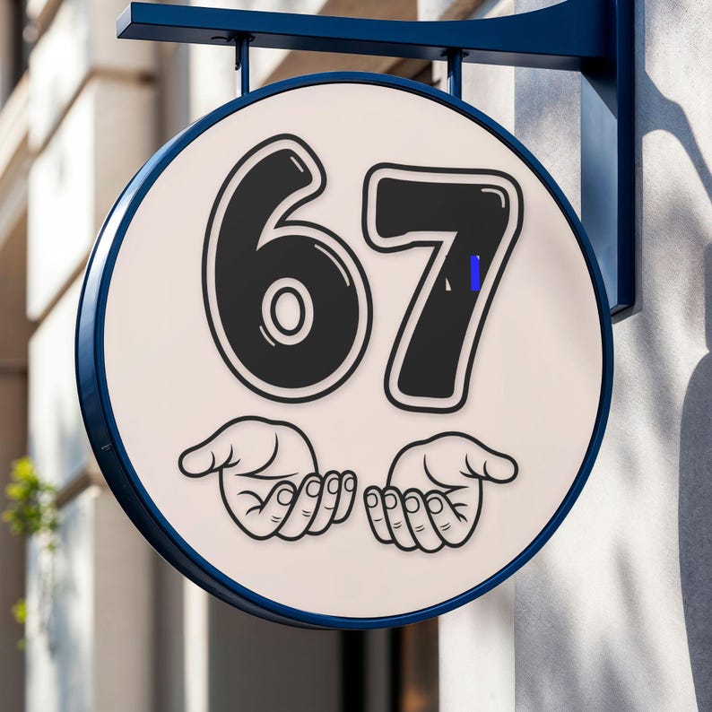 Pu&ograve; includere: Un'insegna rotonda appesa con il numero "67" in nero, bordato di bianco, su sfondo crema. Sotto i numeri ci sono due mani stilizzate. L'insegna &egrave; incorniciata da un bordo blu scuro e montata su una staffa blu scuro.